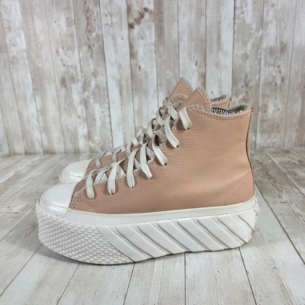 Converse Platform High-Top Sneakers in Blush Pink and White - Picture 2 of 8
